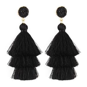 Gorgeous Three-Tier Tassel Earrings Black